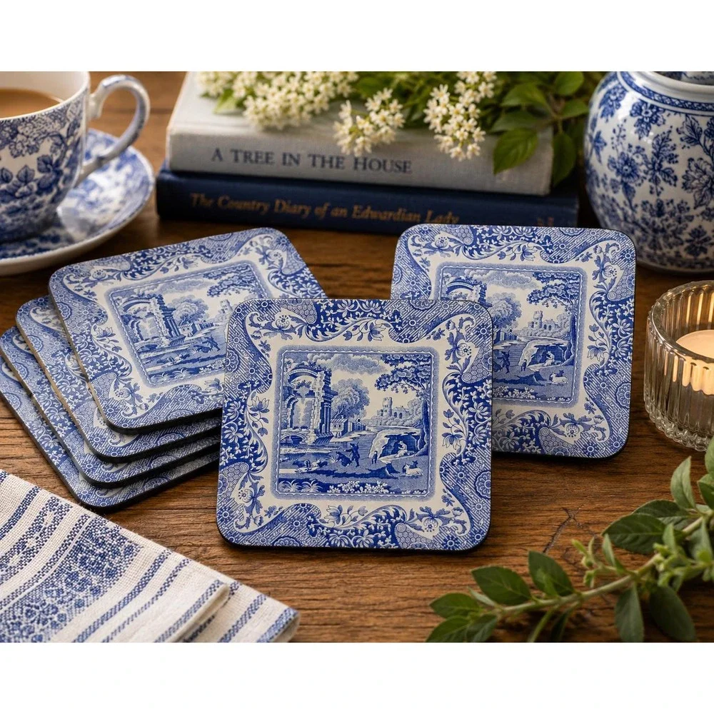 Pimpernel Blue Italian Coasters Set of 6 Cork Back Drink Coasters
